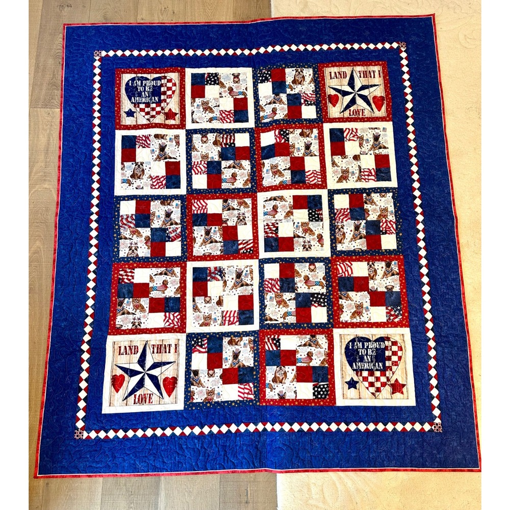 Patriotic American Dog Quilt‎ Red White Blue Stars Stripes 78x66 Throw Blanket